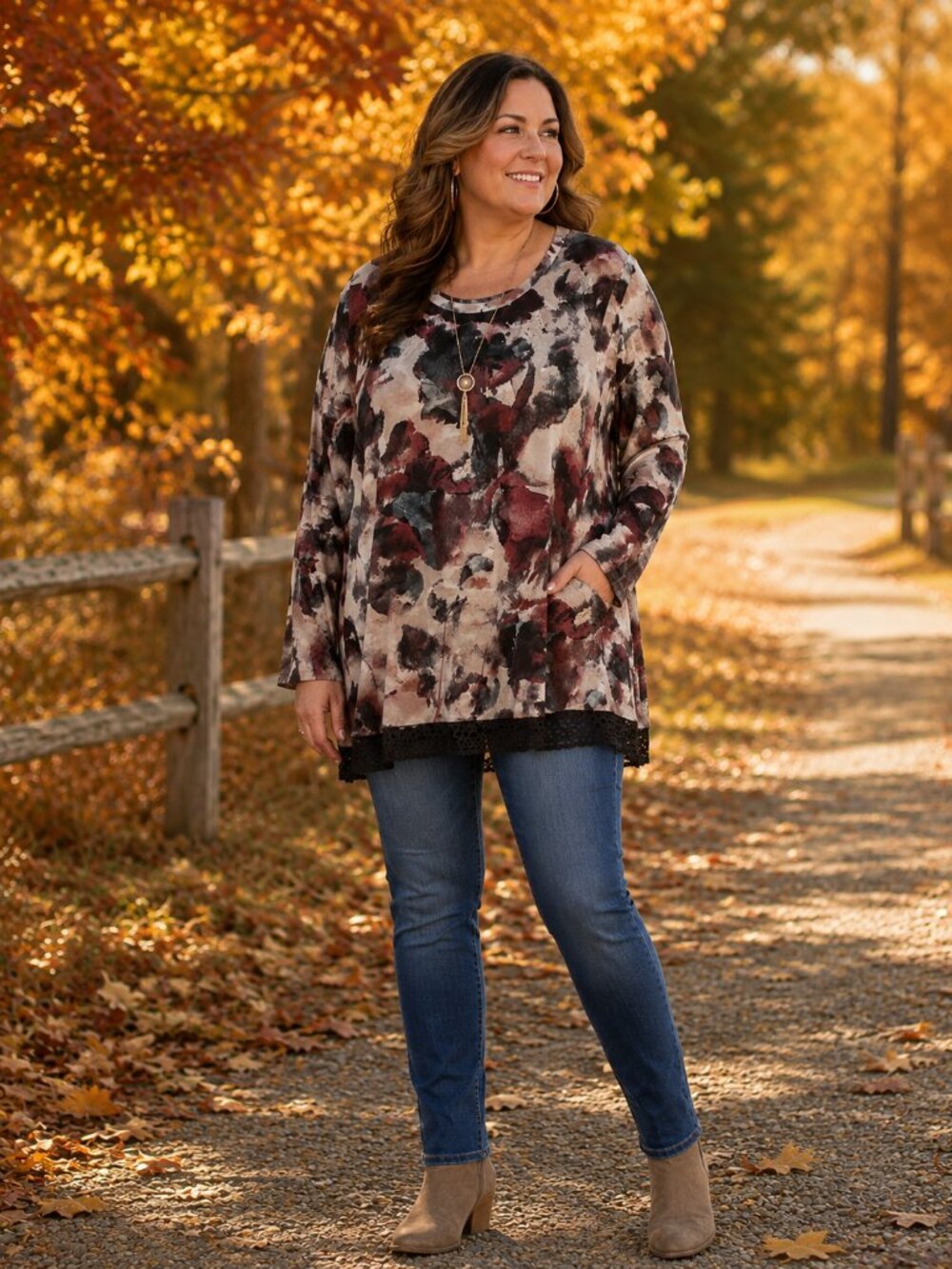 LOGO by Lori Goldstein Long Slve Scoop Neck Gray w/Fall Abstract Print Tunic XL